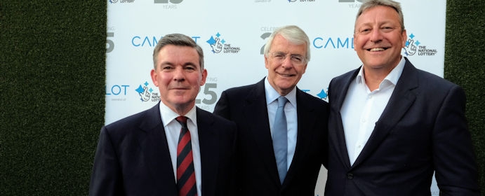 Sir Hugh Robertson welcomes Sir John Major to Camelot's 25th National Lottery anniversary celebration